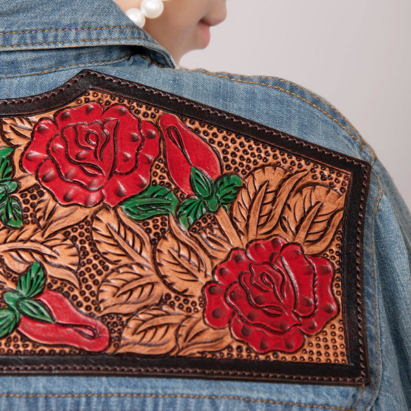 LC-ADSH020 Women's Western Denim Shirt with Hand-Tooled Red Rose Leather Yoke