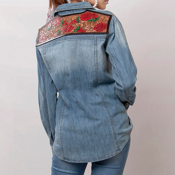 LC-ADSH020 Women's Western Denim Shirt with Hand-Tooled Red Rose Leather Yoke