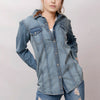 LC-ADSH020 Women's Western Denim Shirt with Hand-Tooled Red Rose Leather Yoke