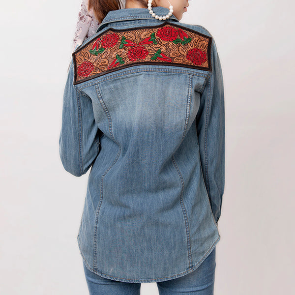 LC-ADSH020 Women's Western Denim Shirt with Hand-Tooled Red Rose Leather Yoke