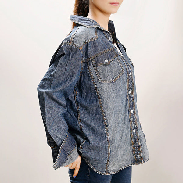 LC-ADSH021 Women's Western Denim Shirt with Hand-Tooled Floral Leather Yoke Natural Tan