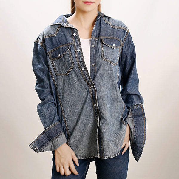 LC-ADSH021 Women's Western Denim Shirt with Hand-Tooled Floral Leather Yoke Natural Tan