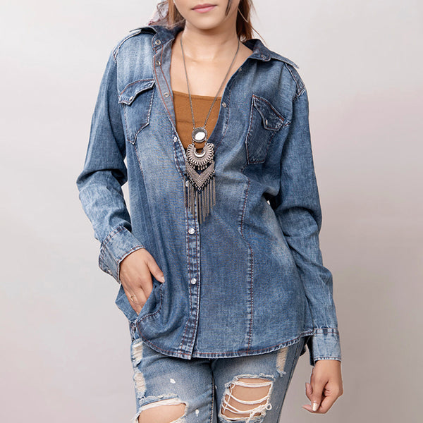 LC-ADSH022 Women's Light Wash Western Denim Shirt with Hand-Tooled Leather Floral Yoke
