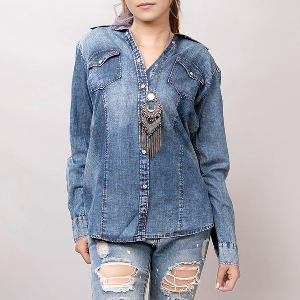 LC-ADSH022 Women's Light Wash Western Denim Shirt with Hand-Tooled Leather Floral Yoke