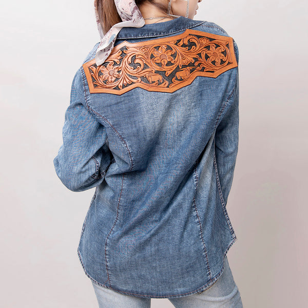 LC-ADSH022 Women's Light Wash Western Denim Shirt with Hand-Tooled Leather Floral Yoke