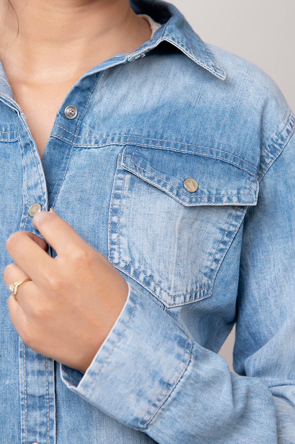 LC-ADSH023 Women's Light Wash Western Denim Shirt with Hand-Tooled Sunflower Leather Yoke