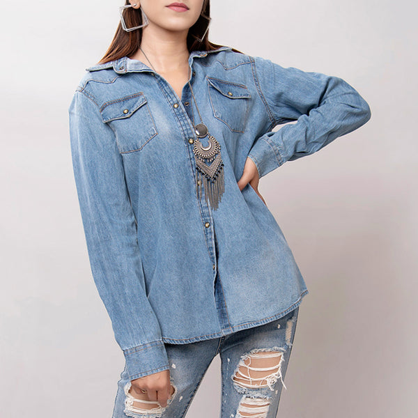 LC-ADSH024 Women's Light Wash Western Denim Shirt with Hand-Tooled Leather Floral Yoke Burnished Tan