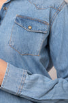 LC-ADSH024 Women's Light Wash Western Denim Shirt with Hand-Tooled Leather Floral Yoke Burnished Tan