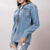 LC-ADSH024 Women's Light Wash Western Denim Shirt with Hand-Tooled Leather Floral Yoke Burnished Tan