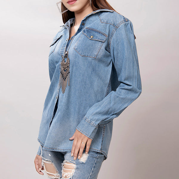 LC-ADSH024 Women's Light Wash Western Denim Shirt with Hand-Tooled Leather Floral Yoke Burnished Tan