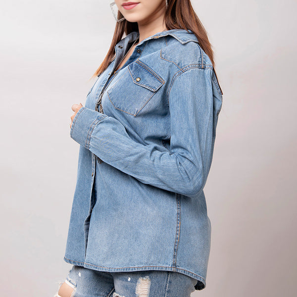 LC-ADSH024 Women's Light Wash Western Denim Shirt with Hand-Tooled Leather Floral Yoke Burnished Tan
