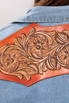 LC-ADSH024 Women's Light Wash Western Denim Shirt with Hand-Tooled Leather Floral Yoke Burnished Tan