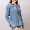 LC-ADSH024 Women's Light Wash Western Denim Shirt with Hand-Tooled Leather Floral Yoke Burnished Tan