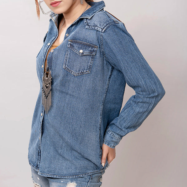 LC-ADSH025 Women's Mid-Wash Western Denim Shirt with High-Detail Hand-Tooled Leather Yoke