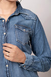 LC-ADSH025 Women's Mid-Wash Western Denim Shirt with High-Detail Hand-Tooled Leather Yoke
