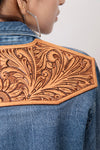 LC-ADSH025 Women's Mid-Wash Western Denim Shirt with High-Detail Hand-Tooled Leather Yoke