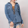 LC-ADSH025 Women's Mid-Wash Western Denim Shirt with High-Detail Hand-Tooled Leather Yoke