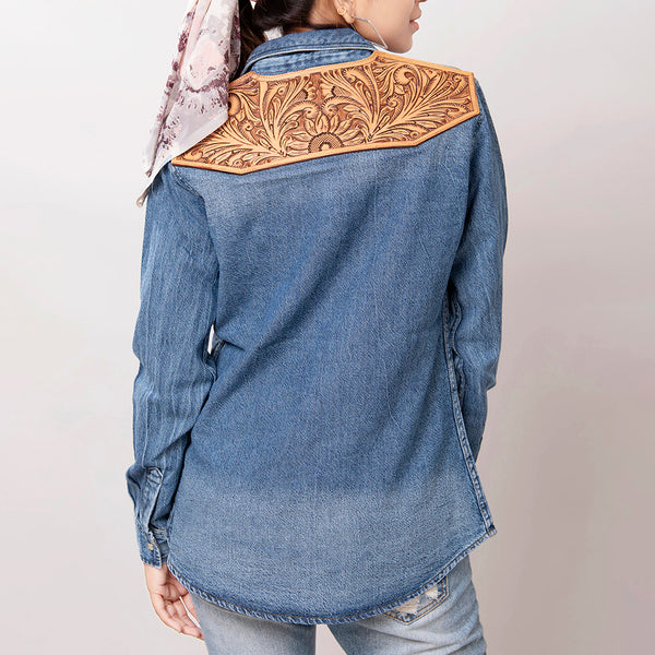 LC-ADSH025 Women's Mid-Wash Western Denim Shirt with High-Detail Hand-Tooled Leather Yoke