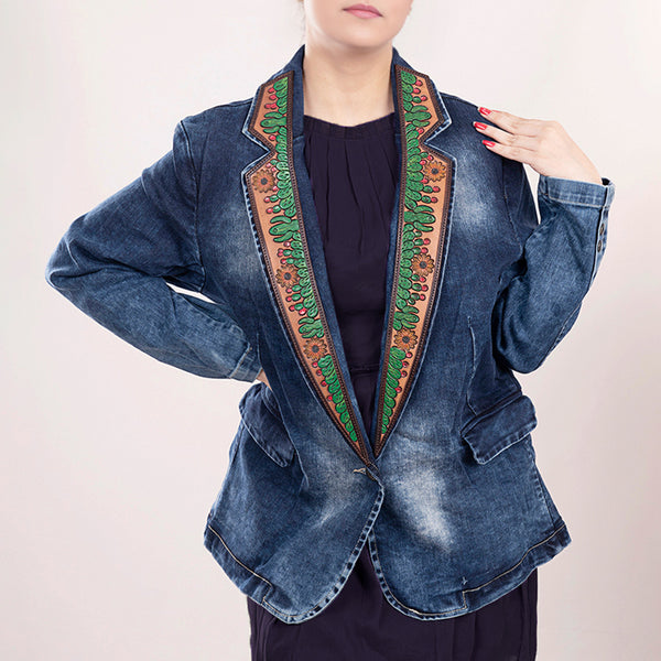 ADBZ017 Women's Blue Denim Western Blazer with Hand-Tooled Leather Lapels