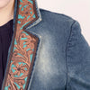 ADBZ018 Premium Denim Western Blazer with Hand-Tooled Floral Turquoise Leather Lapels