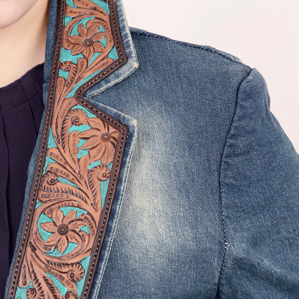 ADBZ018 Premium Denim Western Blazer with Hand-Tooled Floral Turquoise Leather Lapels
