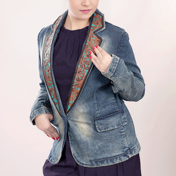 ADBZ018 Premium Denim Western Blazer with Hand-Tooled Floral Turquoise Leather Lapels
