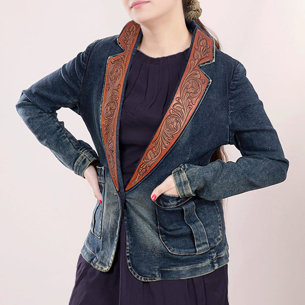 ADBZ019 Premium Blue Denim Western Blazer Featuring Hand-Tooled Floral Leather Trim