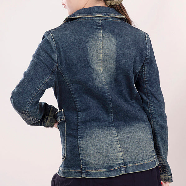 ADBZ019 Premium Blue Denim Western Blazer Featuring Hand-Tooled Floral Leather Trim