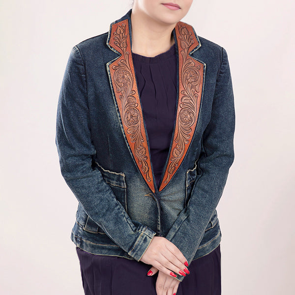 ADBZ019 Premium Blue Denim Western Blazer Featuring Hand-Tooled Floral Leather Trim