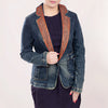 ADBZ019 Premium Blue Denim Western Blazer Featuring Hand-Tooled Floral Leather Trim
