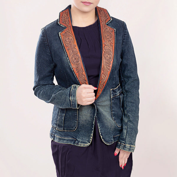 ADBZ019 Premium Blue Denim Western Blazer Featuring Hand-Tooled Floral Leather Trim