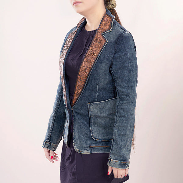 ADBZ020 Artisanal Hand-Tooled Floral Leather & Blue Denim Western Blazer for Women