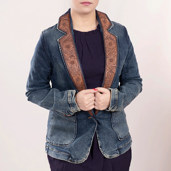 ADBZ020 Artisanal Hand-Tooled Floral Leather & Blue Denim Western Blazer for Women