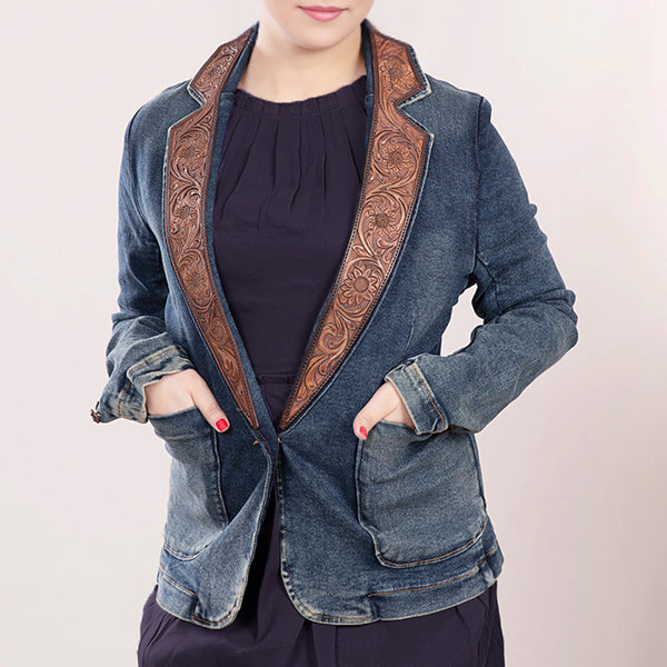 ADBZ020 Artisanal Hand-Tooled Floral Leather & Blue Denim Western Blazer for Women