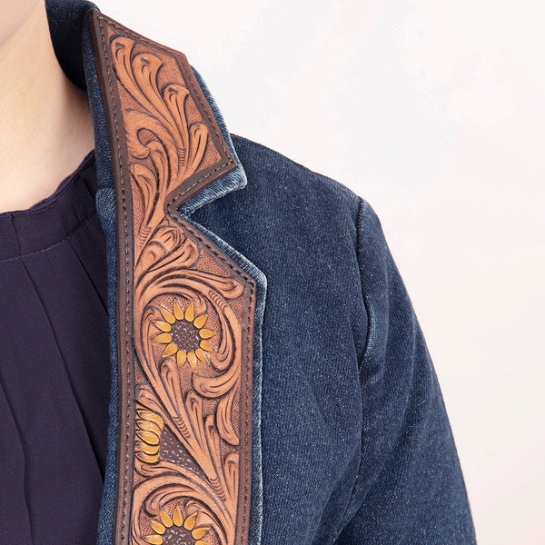 ADBZ021 Luxury Western Denim Blazer with Intricate Floral Tooled Leather Detailing
