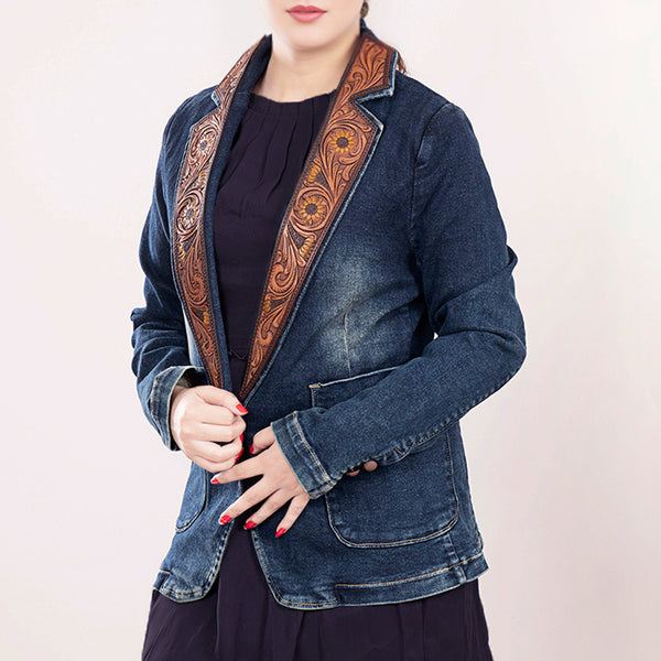 ADBZ021 Luxury Western Denim Blazer with Intricate Floral Tooled Leather Detailing