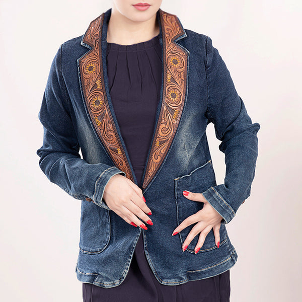 ADBZ021 Luxury Western Denim Blazer with Intricate Floral Tooled Leather Detailing