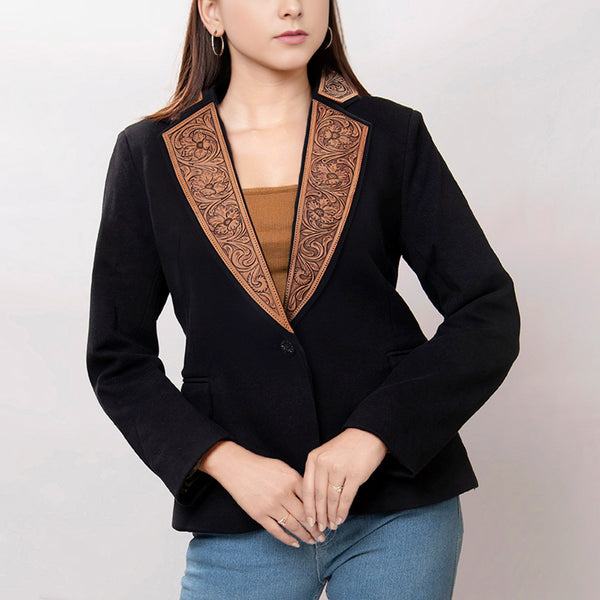 ADBZ011 American Darling Women Western Black Fabric Blazer with Hand-Tooled Leather Lapels