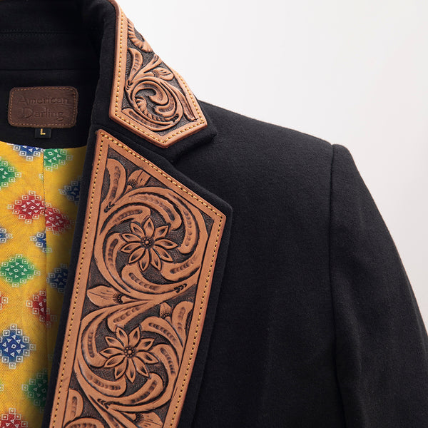 ADBZ012 American Darling Hand-Tooled Leather Western Blazer - Black Floral Accent