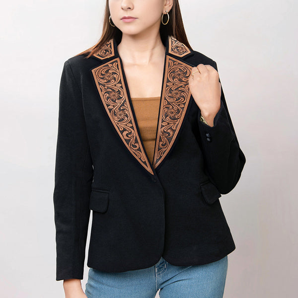 ADBZ012 American Darling Hand-Tooled Leather Western Blazer - Black Floral Accent