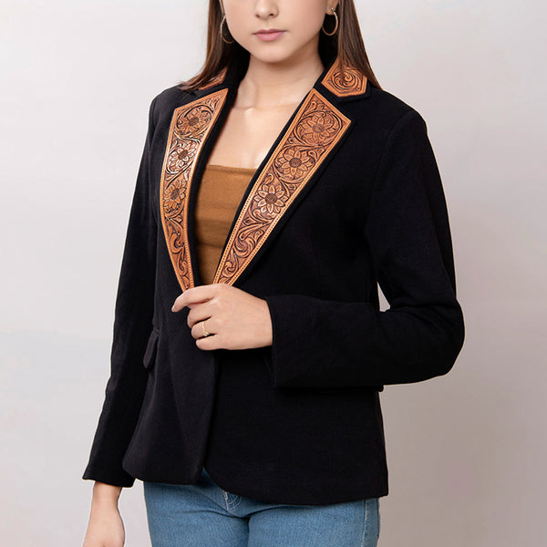 ADBZ013 American Darling Women's Western Black Blazer with Hand-Tooled Leather Trim
