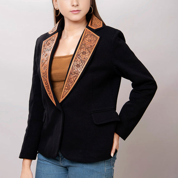 ADBZ013 American Darling Women's Western Black Blazer with Hand-Tooled Leather Trim