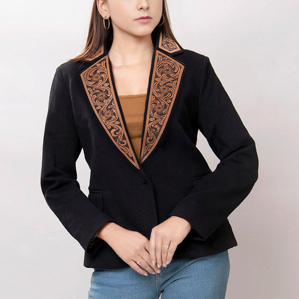 ADBZ013 American Darling Women's Western Black Blazer with Hand-Tooled Leather Trim