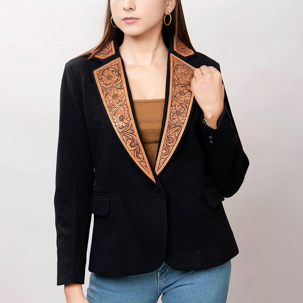 ADBZ013 American Darling Women's Western Black Blazer with Hand-Tooled Leather Trim