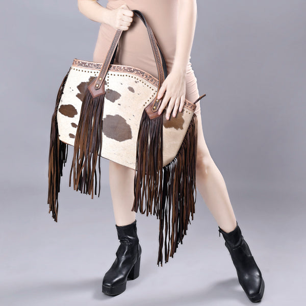 ADBG927 American Darling Western Leather Tote Bag with Hair-On Cowhide and Long Fringes