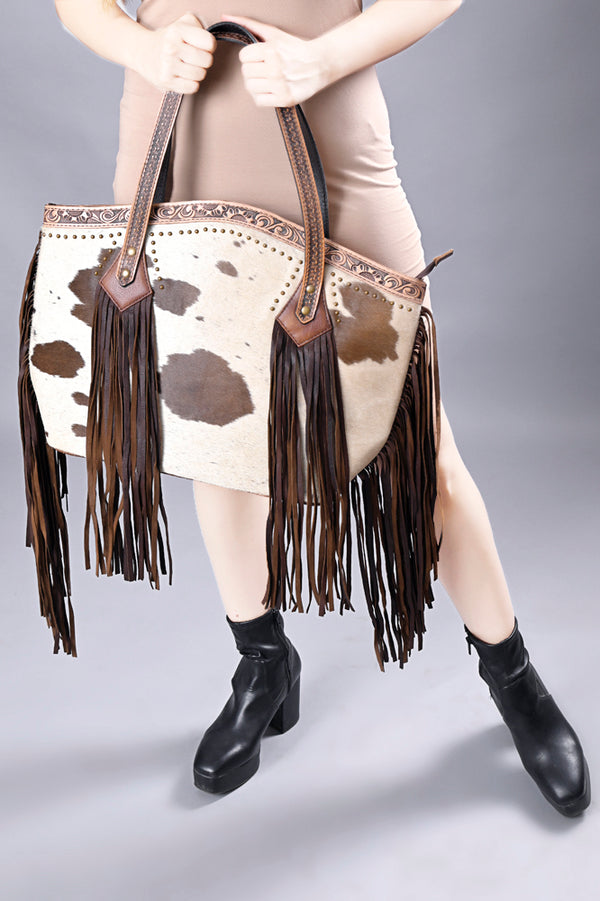 ADBG927 American Darling Western Leather Tote Bag with Hair-On Cowhide and Long Fringes