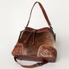 ADBG929 American Darling Western Leather Bucket Bag with Hair-On Cowhide and Hand Tooled Floral Carving
