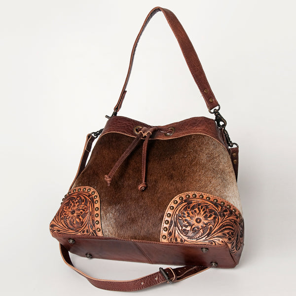 ADBG929 American Darling Western Leather Bucket Bag with Hair-On Cowhide and Hand Tooled Floral Carving