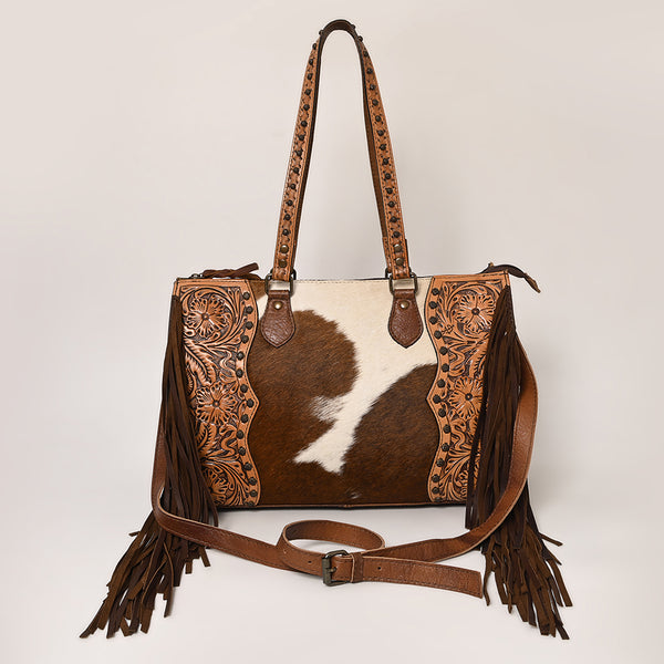 ADBG930 American Darling Western Leather Tote Bag with Hair-On Cowhide and Hand Tooled Floral Trim