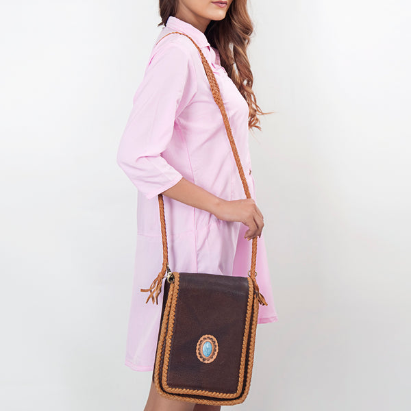 ADBGD135 American Darling Handcrafted Leather Cross body Bag with Turquoise Stone & Braided Trim